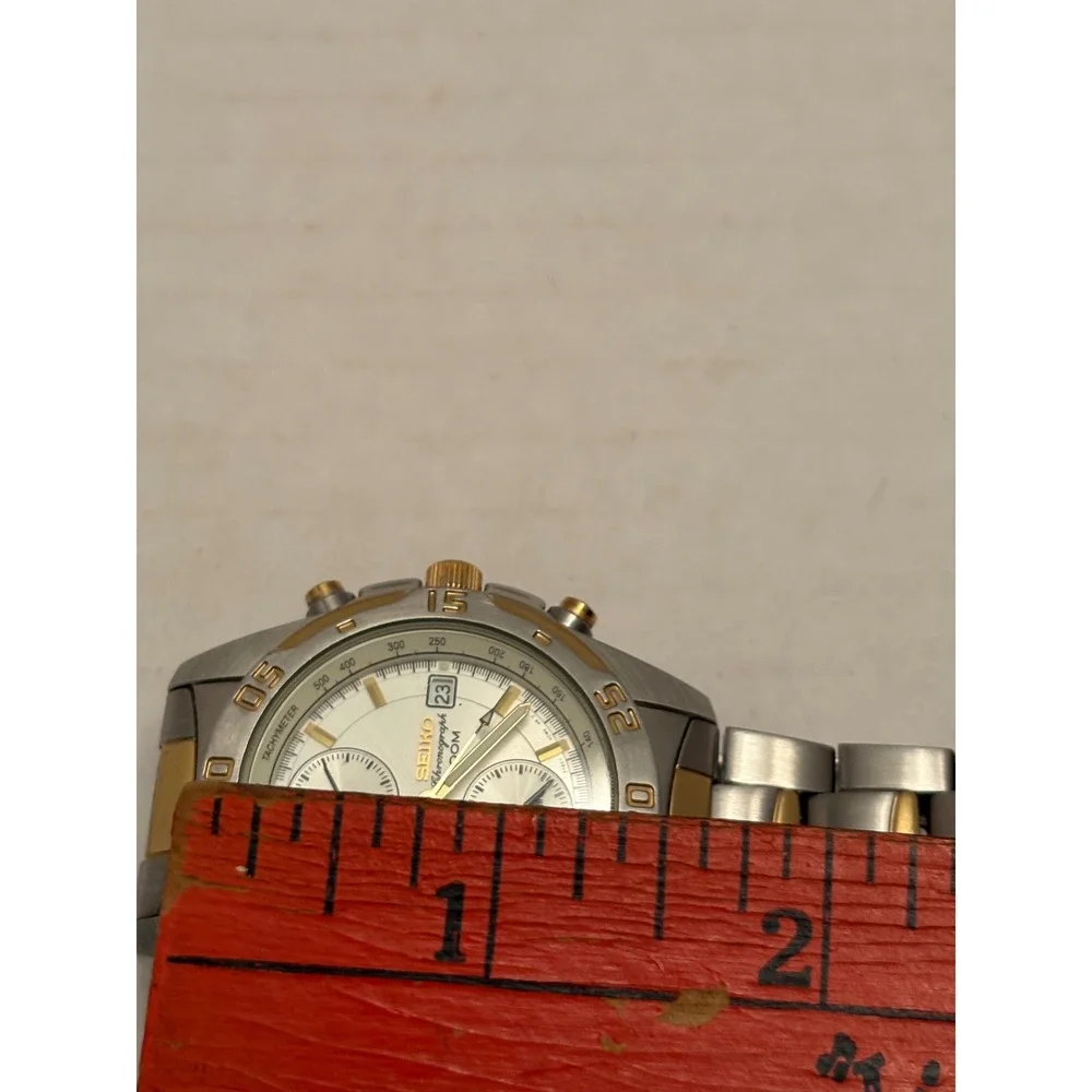Seiko Chronograph 100M Two Tone Alarm Watch 7T62-0CD0 Silver Gold Steel